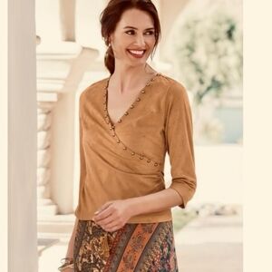 Soft Surroundings Womens Faux Suede Wrap Top Medium Brown Sugar Western Boho